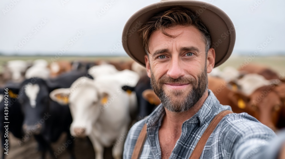 Poster man wearing a hat and a plaid shirt is taking a picture of a group of cows. he is smiling and he is 
