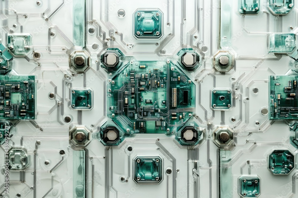 Poster A complex, intricate circuit board with teal components and translucent casing, showcasing advanced technology.