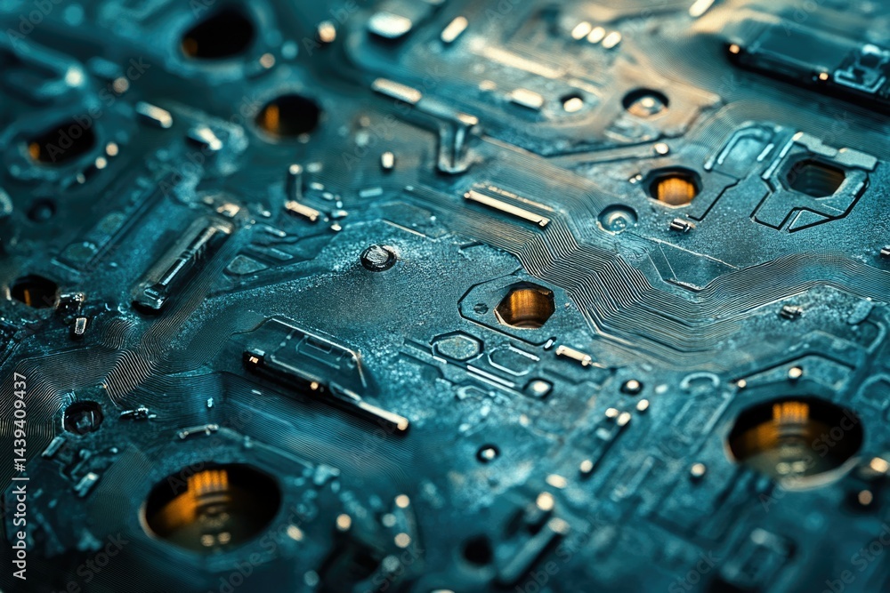 Poster Close-up of a circuit board's intricate pathways and components, showcasing technological detail.