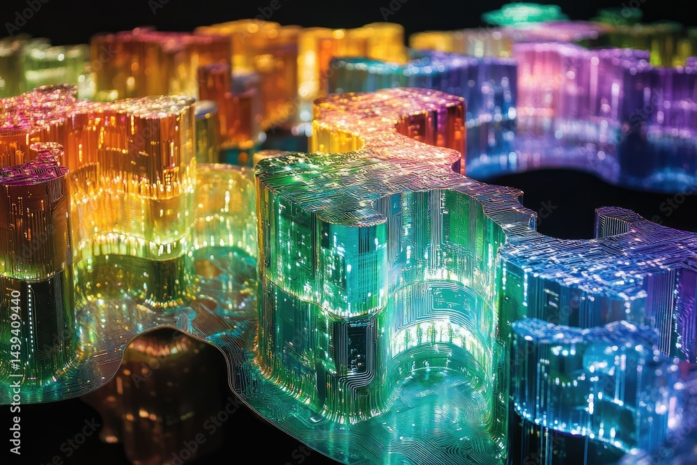Aufkleber Interlocking gears, translucent and vibrant, showcasing intricate circuitry; a mesmerizing display of technological artistry.