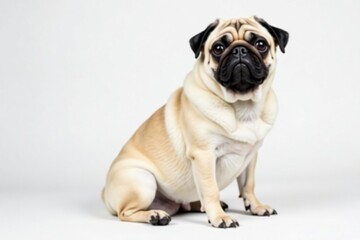 Adorable pug dog sits against white background, puppy, expression, friend