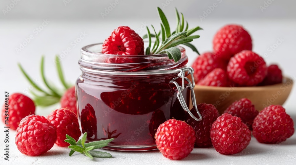 Poster jar of raspberry jam is surrounded by fresh raspberries. the jar is filled with a deep red raspberry