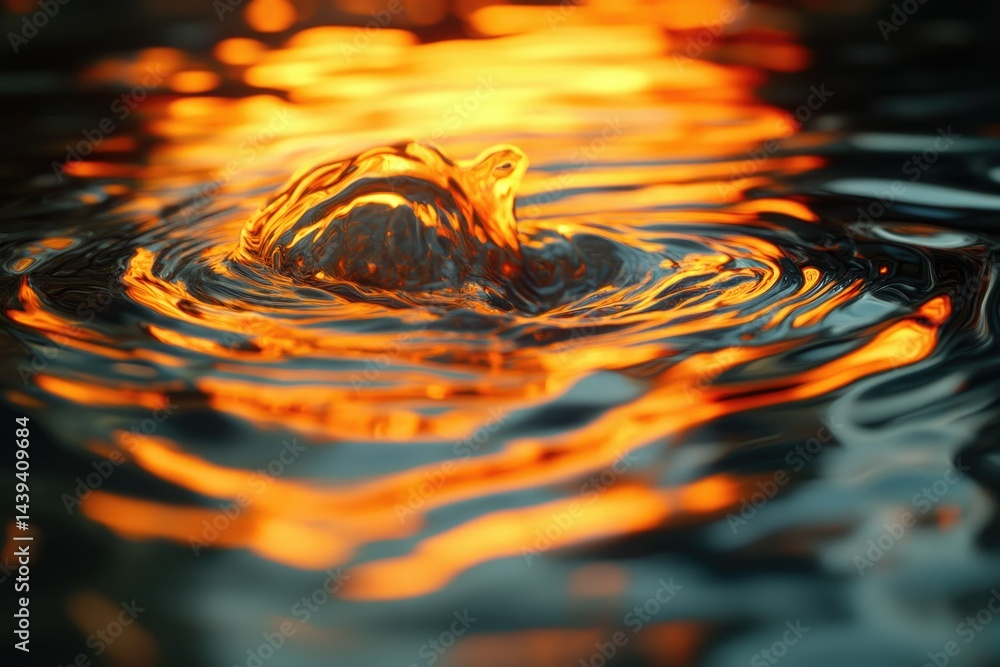 Aufkleber water droplet impact creating mesmerizing concentric ripples with vibrant orange reflection.