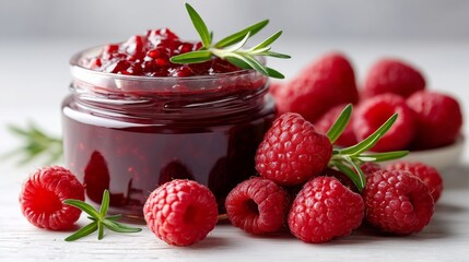 Jar of raspberry jam is on a table with a bunch of raspberries. The jar is half full and the raspberries are scattered around it. Concept of abundance and freshness