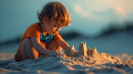 A toddler builds a sandcastle on a beach at sunset, enjoying playful moments.