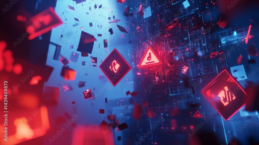 Fototapete spam and phishing danger background showing 3d warning signs, cyber network alerts, and hacker attac