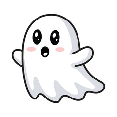 Obraz premium Cute cartoon ghost illustration with big eyes and blush cheeks, perfect for Halloween designs, kids' party decorations, spooky greeting cards, stickers, and fun vector art.