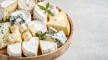 A wooden tray of artisanal cheeses with a barn backdrop, copy space on the right.