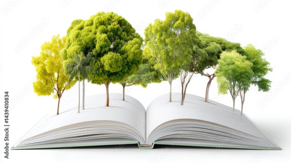 Poster book is open to a page with trees on it. the trees are in different sizes and are scattered througho