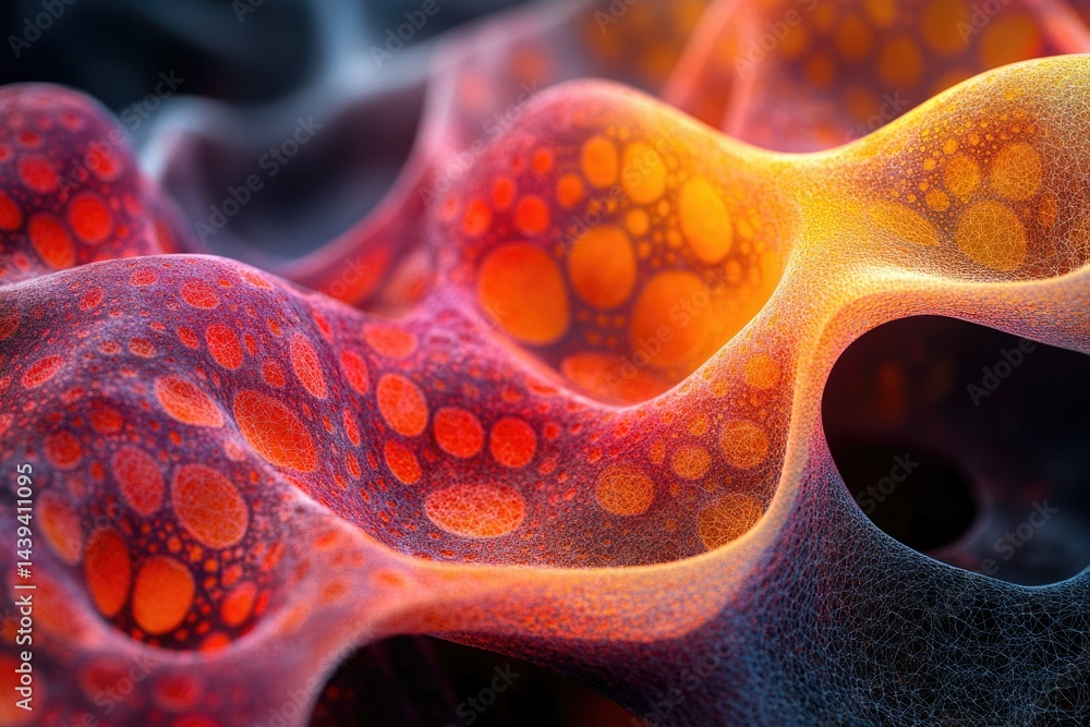 Poster abstract 3d render of a flowing, orange and red, porous, network-like structure.