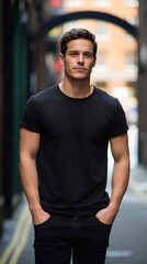 Fototapeta premium Confident Young Man in Black T-Shirt Walking in Urban Setting Fashion Photography