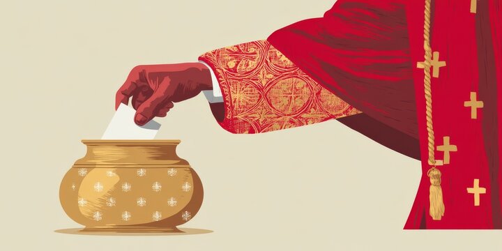 Flat vector illustration of a Catholic cardinal casting a ballot into a golden urn decorated with crosses during a papal conclave. Editorial style with a clean pastel background, symbolizing faith, tr
