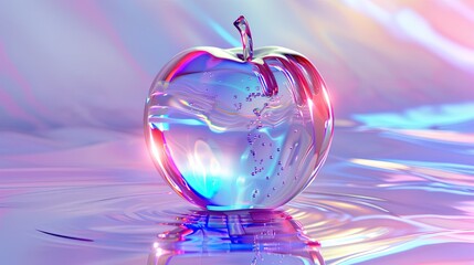 Frontal picture of glass apple liquefaction in a white vacuum, futuristic minimalism, 