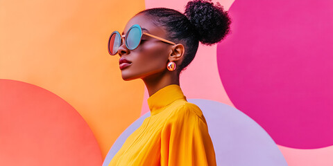 Stylish woman with large sunglasses in front of colorful background