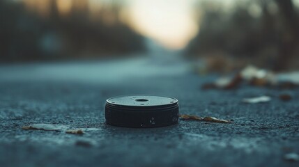 One camera lens cap on surface, minimal scene