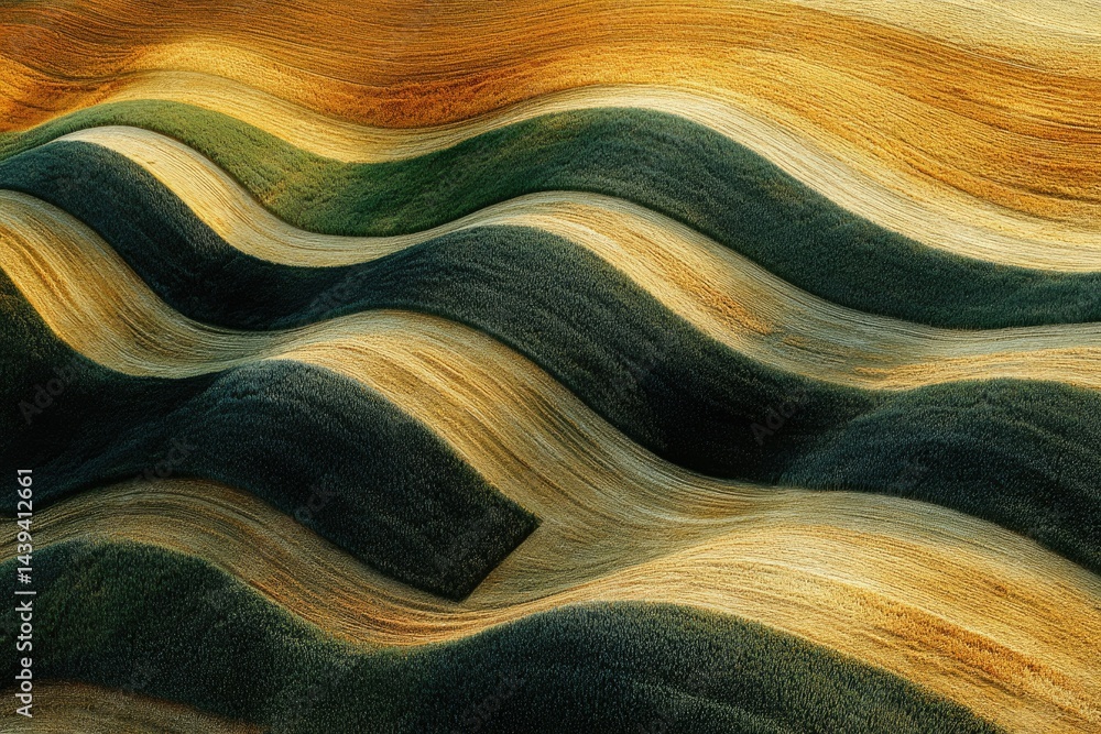 Poster abstract aerial view of rolling hills, showcasing undulating fields of golden and green crops.