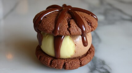 Delicious chocolate cookie sandwich with creamy vanilla ice cream and rich chocolate drizzle on a marble surface