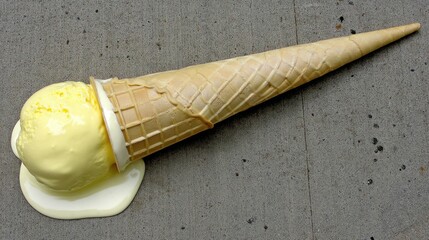 Melting Ice Cream Cone on Concrete Surface with Yellow Ice Cream Dripping Down