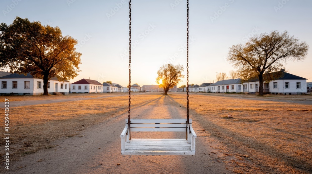 Poster white swing is suspended in the air in front of a row of houses. the swing is empty and the houses a