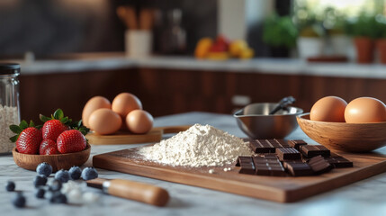 Baking Ingredients with Flour and Fresh Produce on Wooden Table Culinary Preparation
