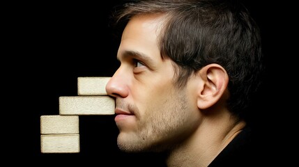 Man with wooden blocks balancing on nose, portrait in dramatic lighting, creative concept photo for art projects
