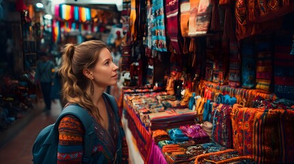 Tourist woman browsing vibrant textiles at a busy market in a foreign country.
