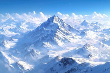 A breathtaking panoramic view of snow-capped mountains under a clear blue sky.