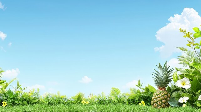 A farmer inspecting a ripe pineapple in a tropical field, text space on the right.