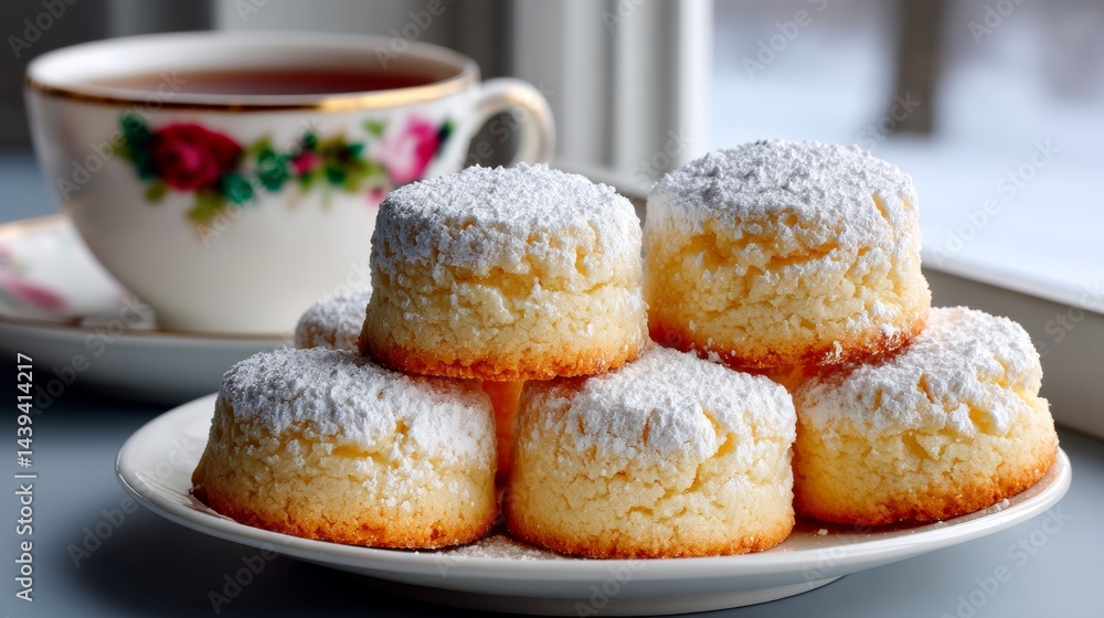 Poster plate of powdered sugar cookies sits on a table next to a cup of tea. the cookies are stacked on top