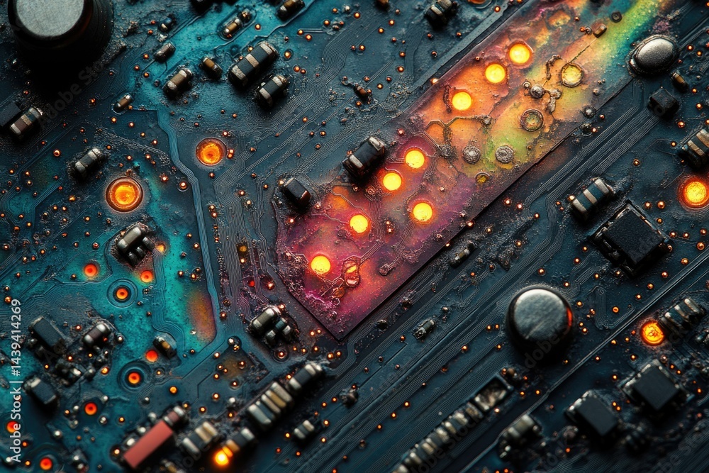 Poster close-up of a damaged circuit board, showcasing burnt components and intricate circuitry.