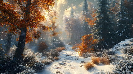 Naklejka premium Snowy Forest Path, Digital Illustration