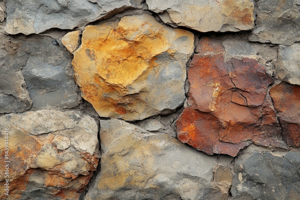 Poster a close-up view of a rustic stone wall, showcasing varied colors and textures.