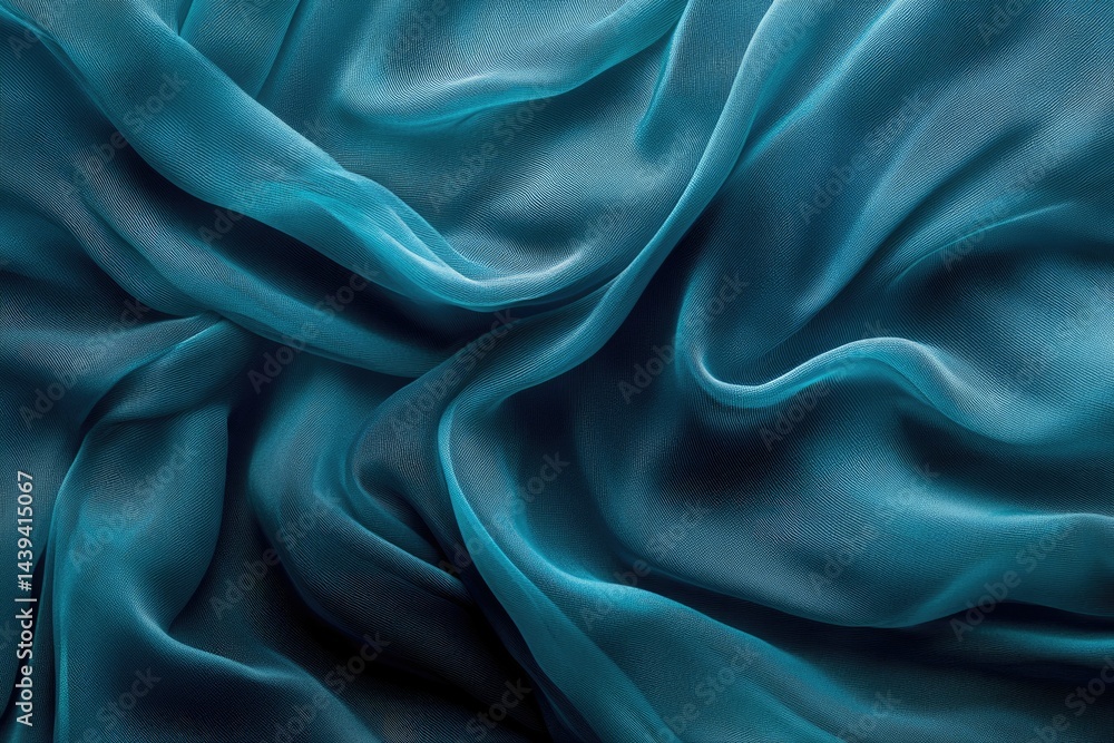 Poster draped teal silk fabric with soft folds and subtle sheen, luxurious texture.