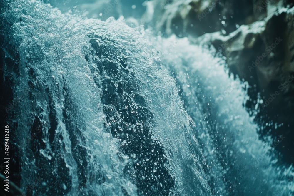 Poster close-up of a cascading waterfall, showcasing the texture and movement of water.