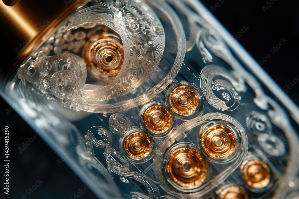 Aufkleber close-up of intricate, transparent device showcasing golden coils and etched patterns.