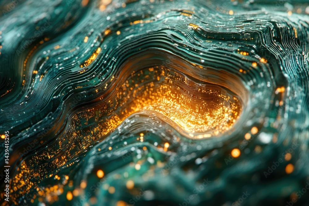 Poster abstract digital landscape with glowing circuits, resembling a wavy, technological terrain.