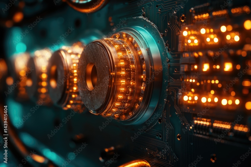 Poster Close-up of intricate metallic gears and illuminated circuit board, showcasing technological complexity.