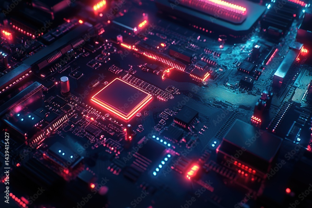 Poster close-up of a vibrant, illuminated circuit board showcasing intricate electronic components and glow