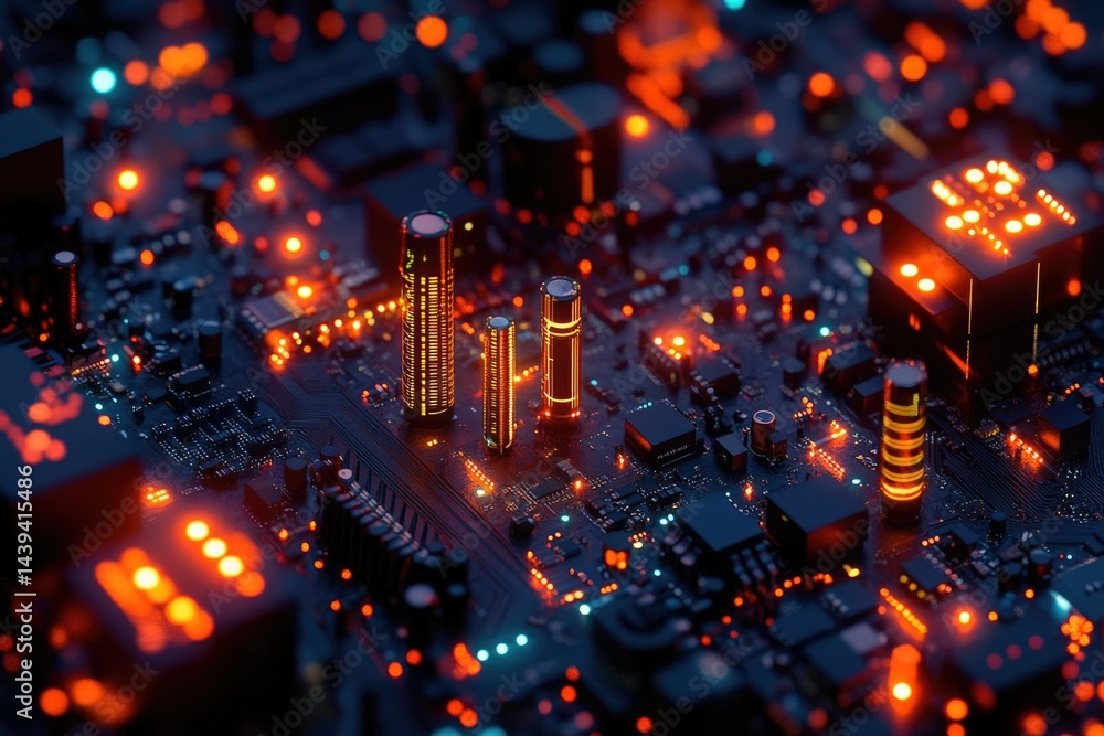 Poster Abstract futuristic circuit board with glowing components resembling a city at night.