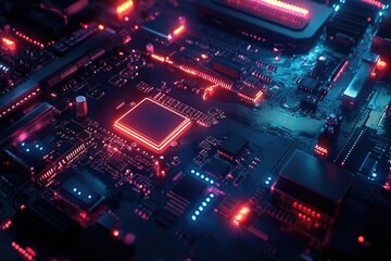 Obraz premium Close-up of a vibrant, illuminated circuit board showcasing intricate electronic components and glowing pathways.