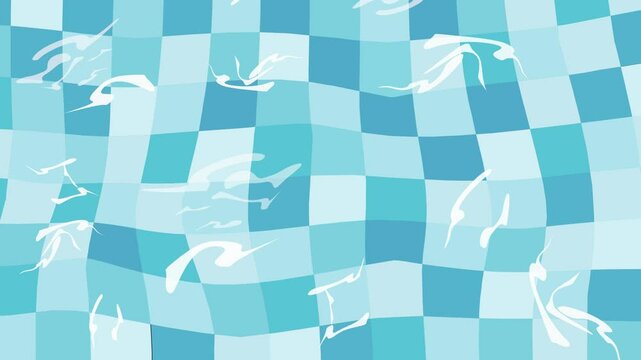 Light reflections are gently moving on a checkered blue water surface of a swimming pool