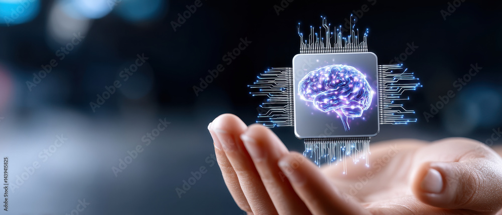 Poster showcases hand holding microchip with glowing brain design, symbolizing fusion of technology and art