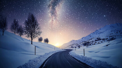 A snowy road with a beautiful night sky and a few trees in the background