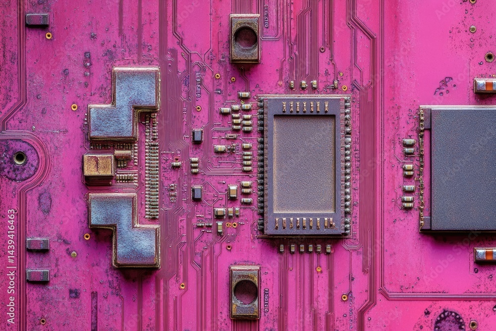 Fototapete close-up of a pink circuit board showing intricate electronic components and pathways.
