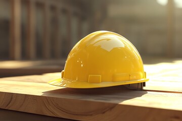 Bright yellow safety helmet resting on wooden planks.