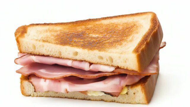 A slice of ham and cheese sandwich with a toasted crust. The sandwich is cut in half and placed on a white background
