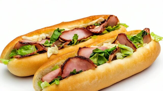 Two sandwiches with ham and lettuce on white background. The sandwiches are cut in half and placed on a white background