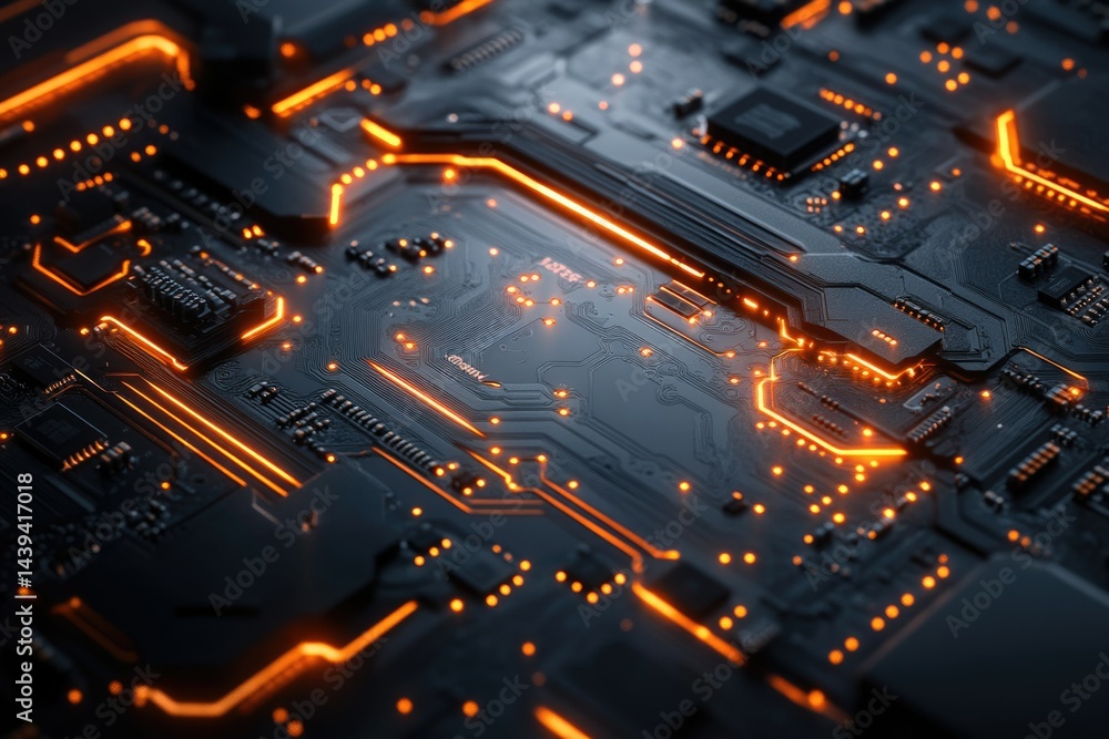 Poster Close-up of a futuristic circuit board with glowing orange lines, showcasing intricate electronic components and pathways.