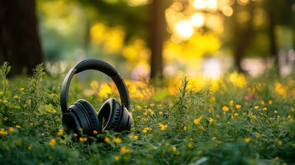 Naklejka premium Black Headphones Rest On Grassy Meadow Covered In Wildflowers