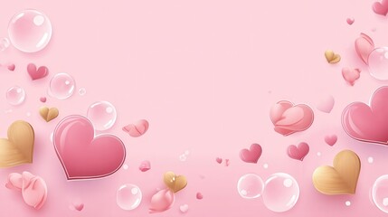 A soft pink background with small heart shapes and large bubbles, creating an elegant Valentine's Day atmosphere. The hearts add romance to the design while leaving space for text.